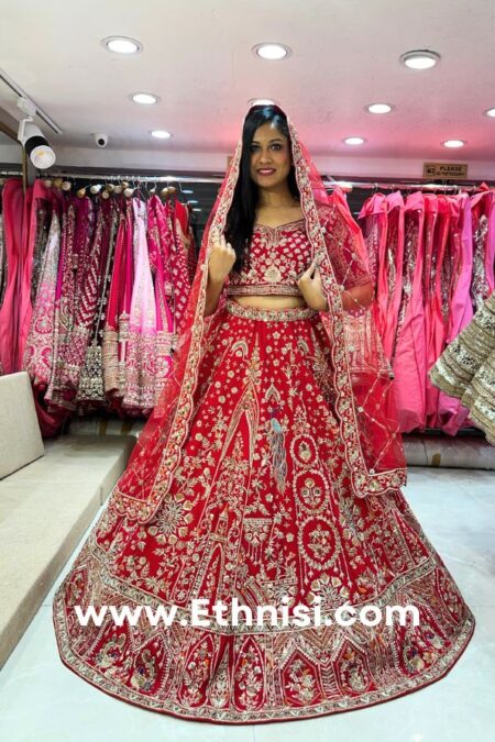 Royal Calcutta Work Red Bridal Lehenga Choli