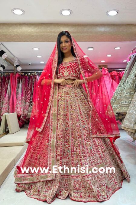 Royal Red Calcutta Handwork Bridal Lehenga Choil